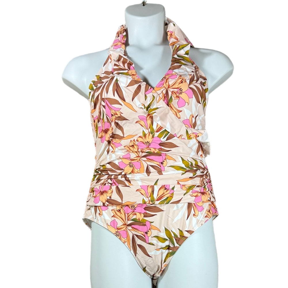Cupshe Pink and Brown Tropical Floral Tummy Control One Piece Swimsuit SKU1449
